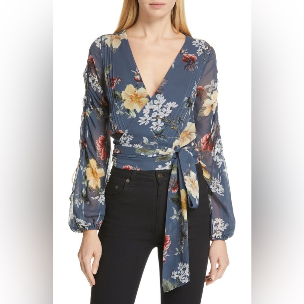 NICHOLAS Floral Wrap Blouse in Blue and Yellow